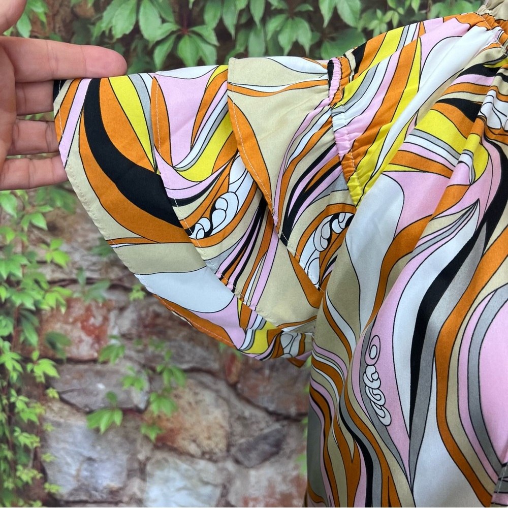 BEFORE YOU WITH LOVE Retro 60s Pattern Multicolor Ruffle Sleeve Blouse, S - Picture 3 of 10
